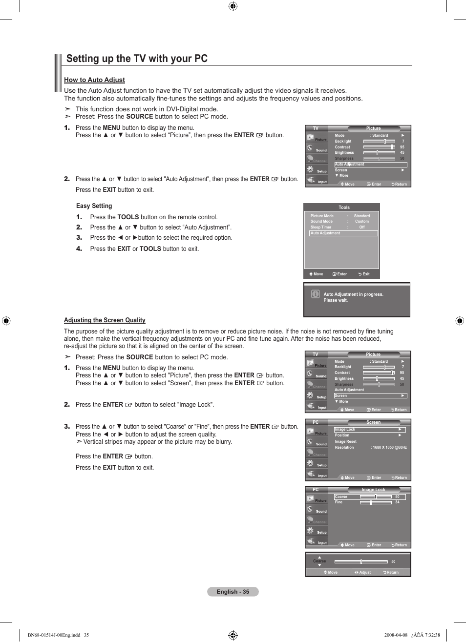 Setting up the tv with your pc, This function does not work in dvi-digital mode | Samsung LN22A330J1DXZA User Manual | Page 37 / 117