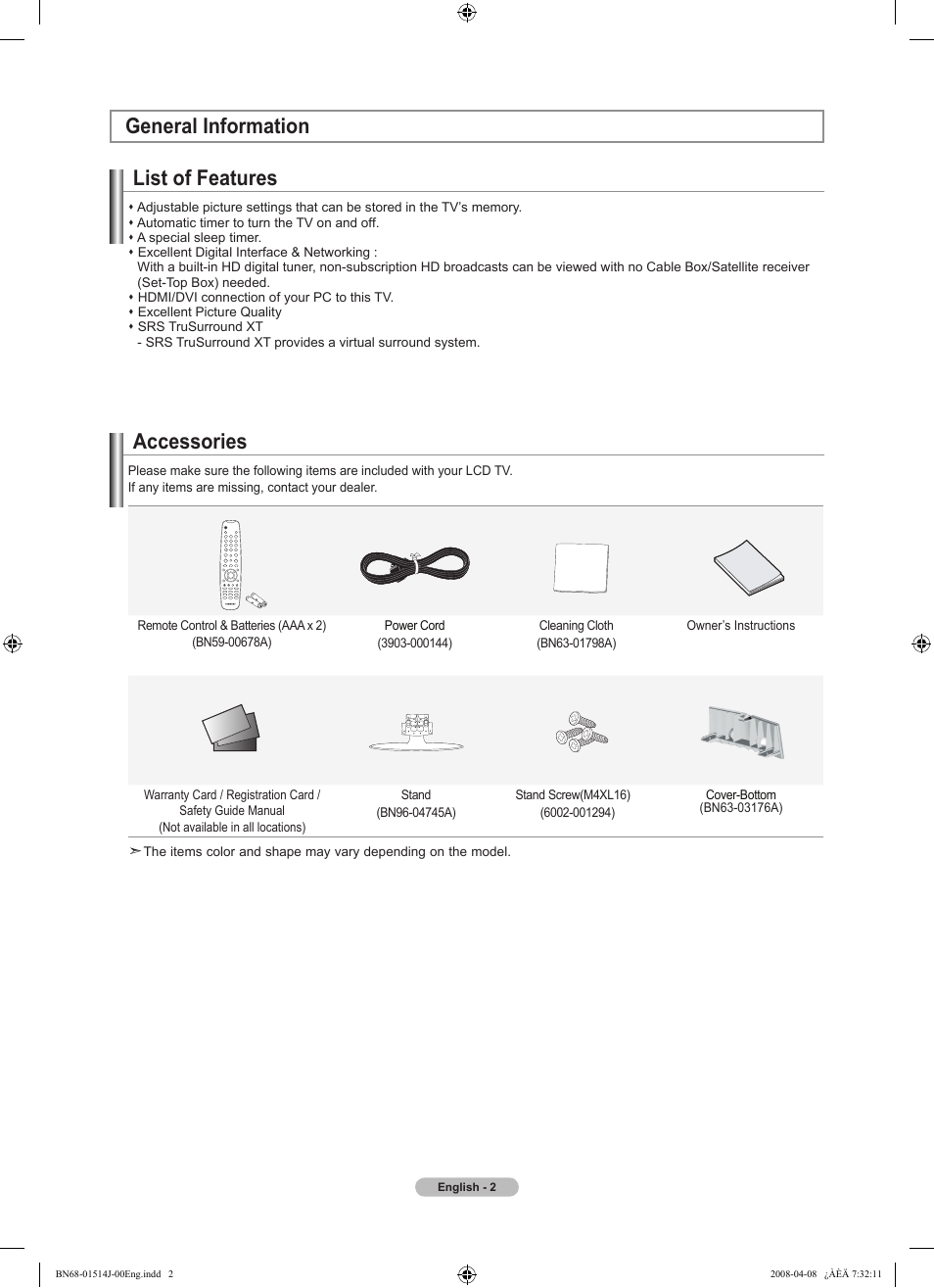 General information, List of features, Accessories | General information list of features | Samsung LN22A330J1DXZA User Manual | Page 4 / 117