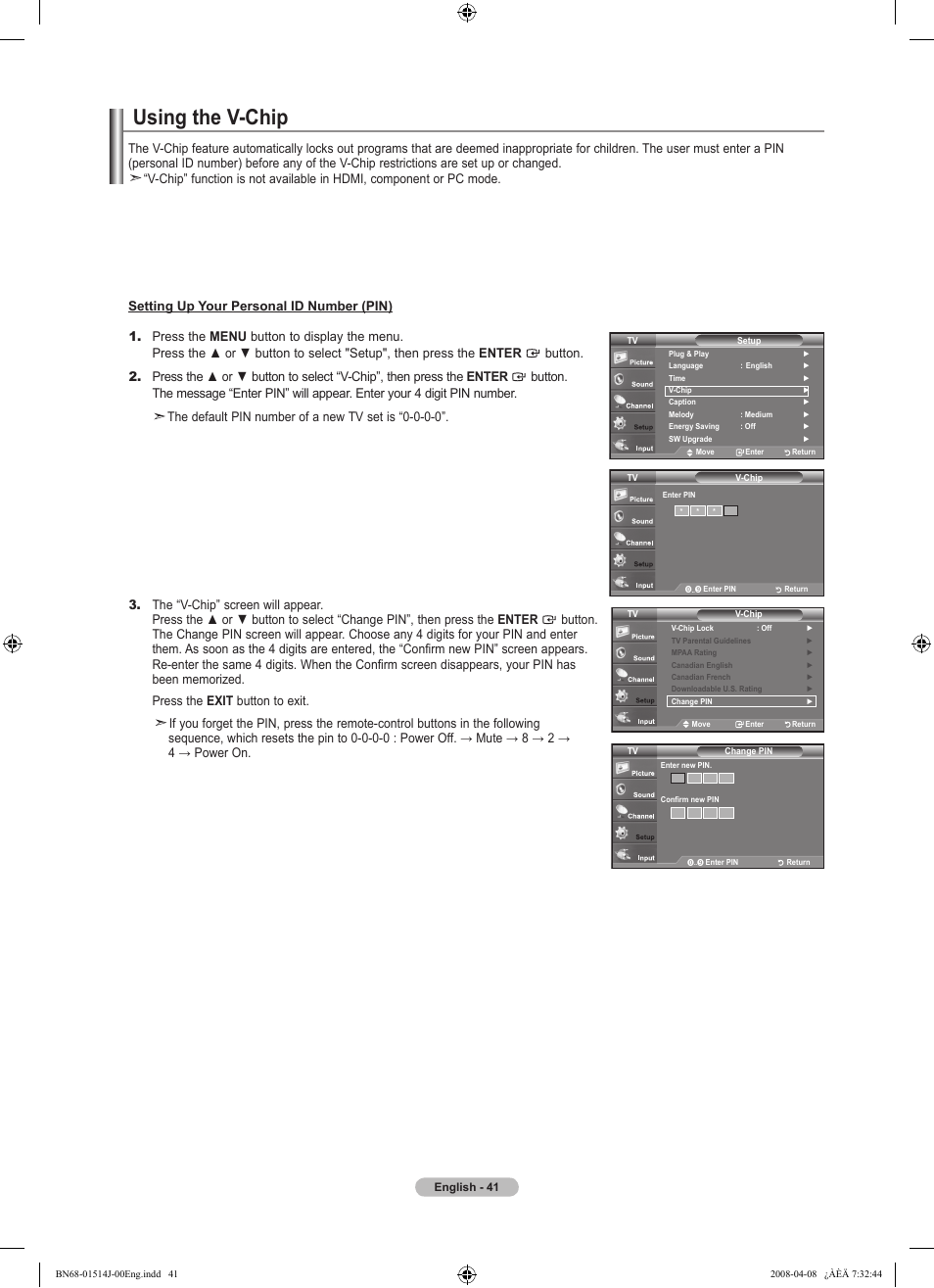 Using the v-chip | Samsung LN22A330J1DXZA User Manual | Page 43 / 117