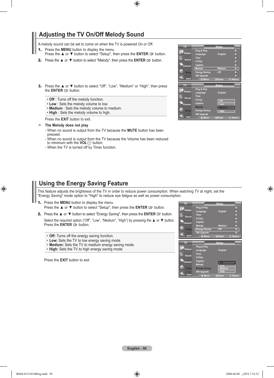 Adjusting the tv on/off melody sound, Using the energy saving feature | Samsung LN22A330J1DXZA User Manual | Page 52 / 117