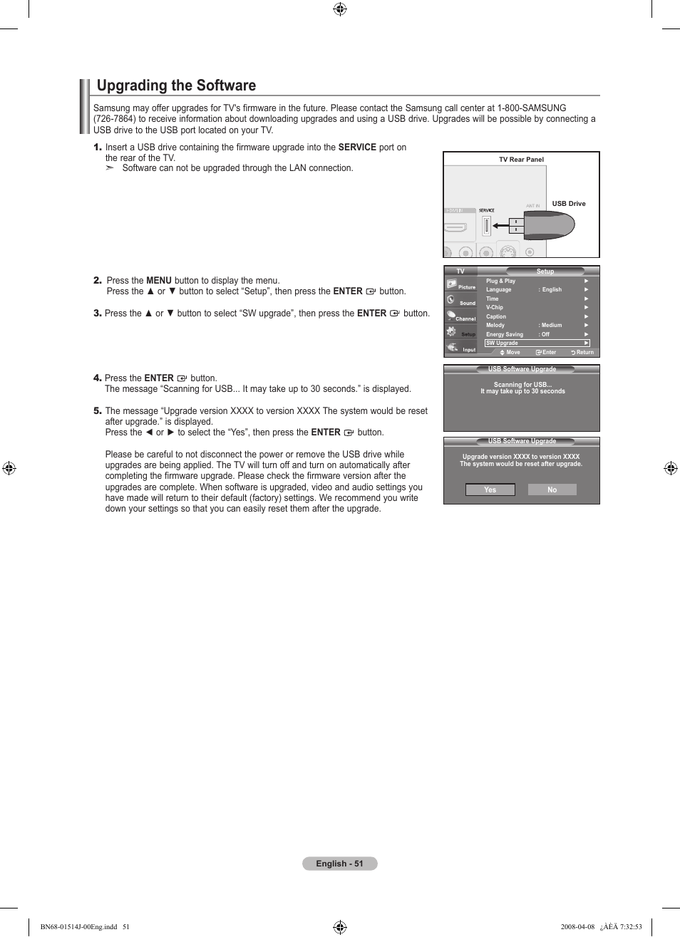 Upgrading the software | Samsung LN22A330J1DXZA User Manual | Page 53 / 117