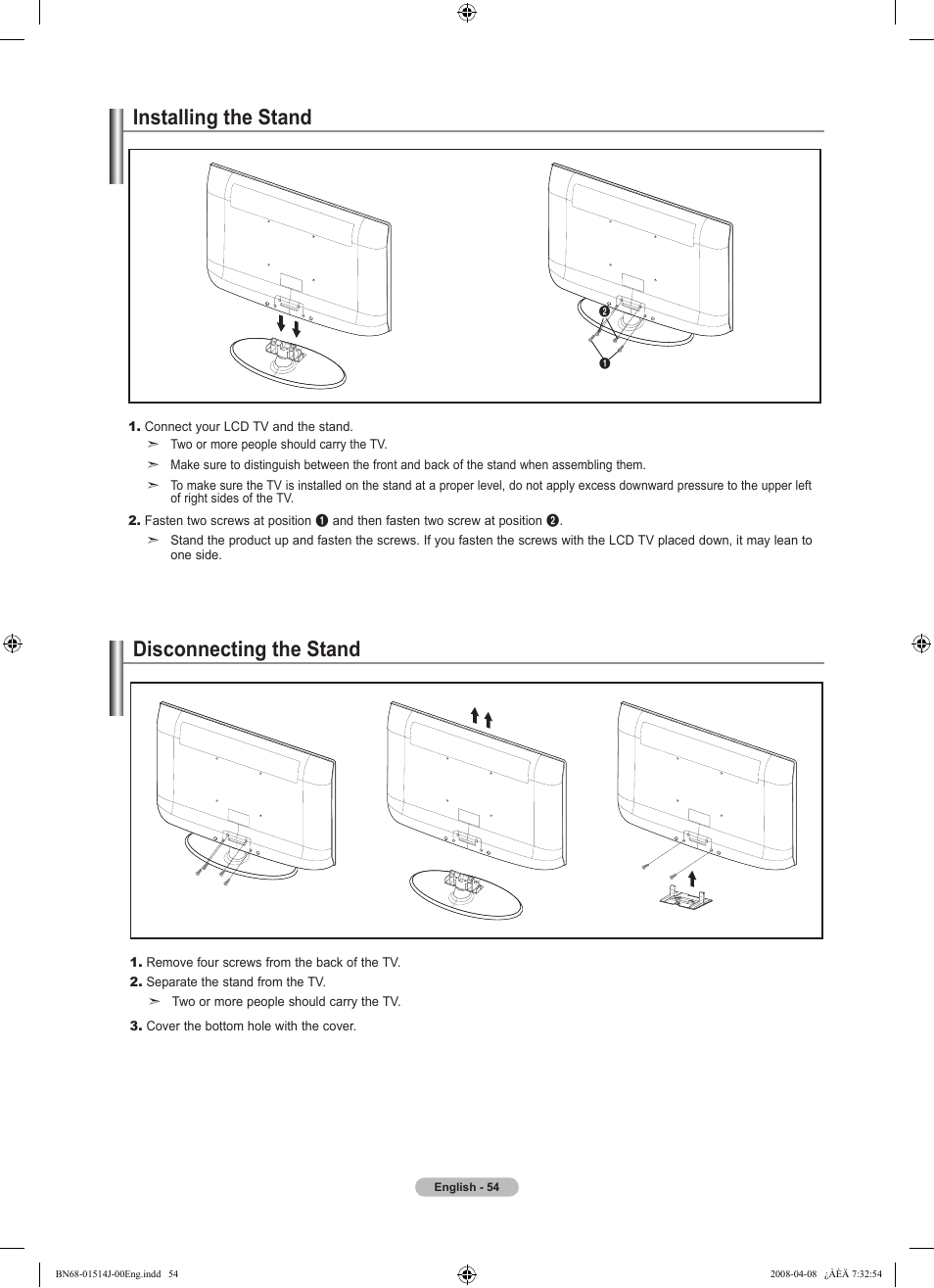 Installing the stand, Disconnecting the stand | Samsung LN22A330J1DXZA User Manual | Page 56 / 117