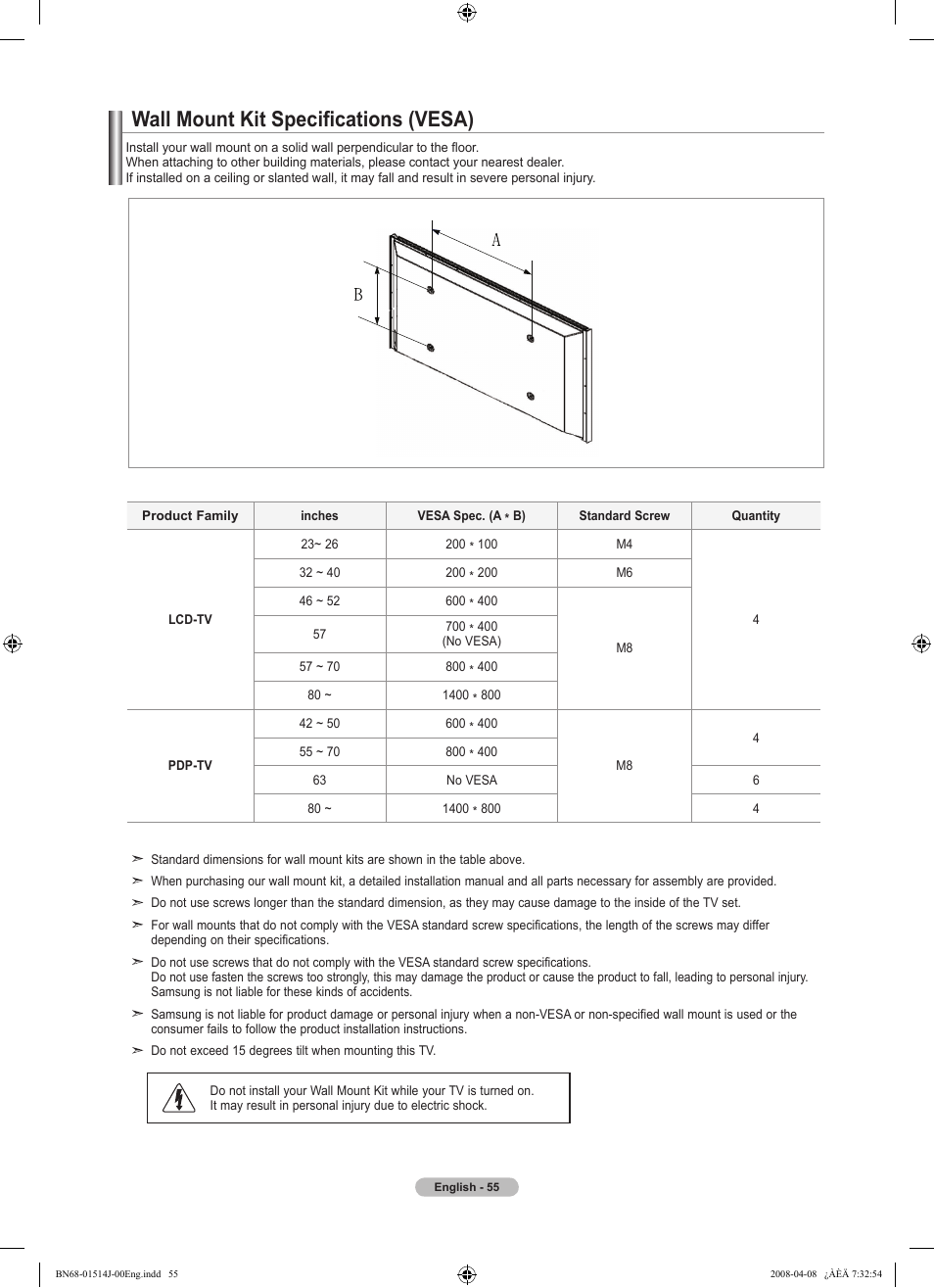 Wall mount kit specifications (vesa) | Samsung LN22A330J1DXZA User Manual | Page 57 / 117