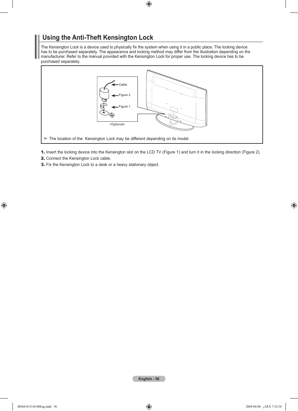 Using the anti-theft kensington lock | Samsung LN22A330J1DXZA User Manual | Page 58 / 117