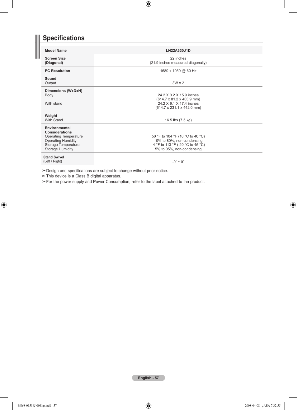 Specifications | Samsung LN22A330J1DXZA User Manual | Page 59 / 117