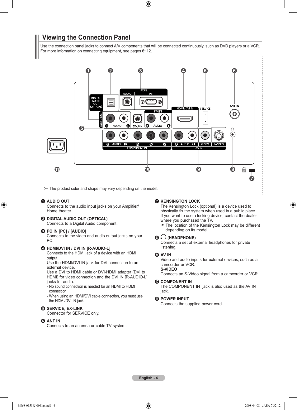 Viewing the connection panel | Samsung LN22A330J1DXZA User Manual | Page 6 / 117