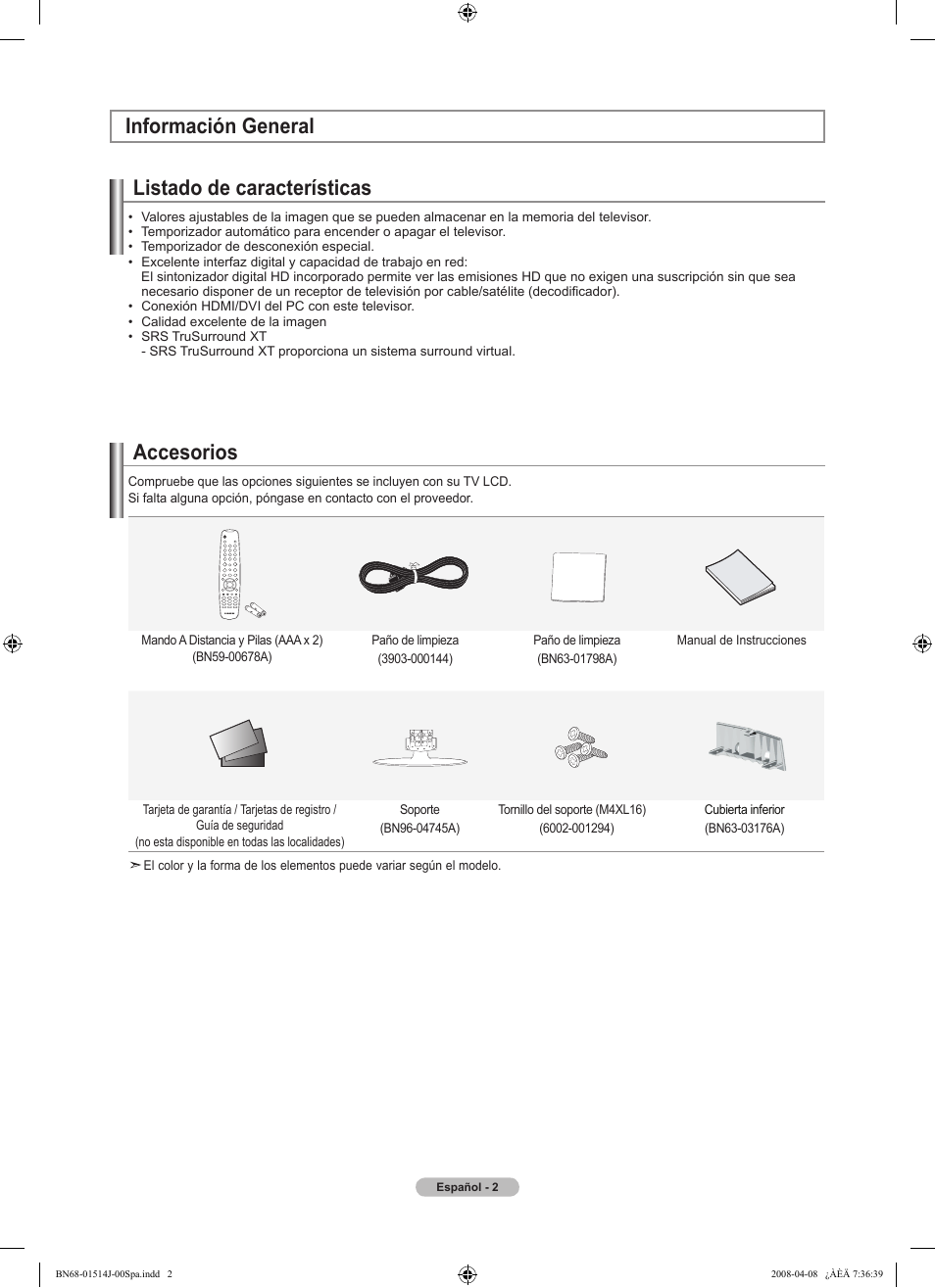 Información general listado de características, Accesorios | Samsung LN22A330J1DXZA User Manual | Page 62 / 117