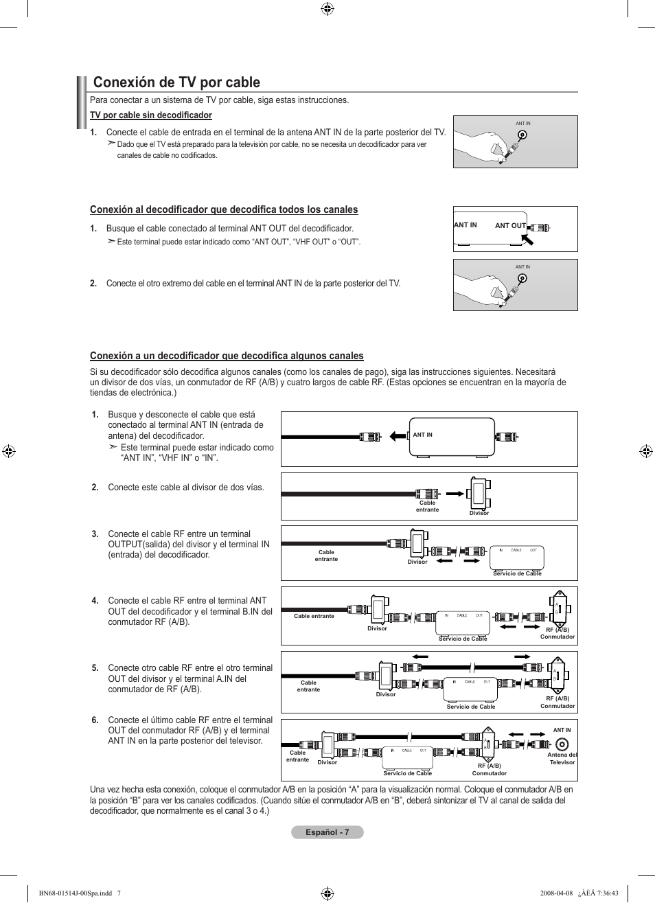 Conexión de tv por cable | Samsung LN22A330J1DXZA User Manual | Page 67 / 117