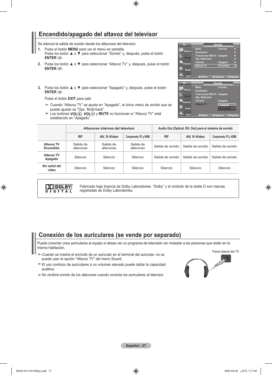 Encendido/apagado del altavoz del televisor | Samsung LN22A330J1DXZA User Manual | Page 87 / 117