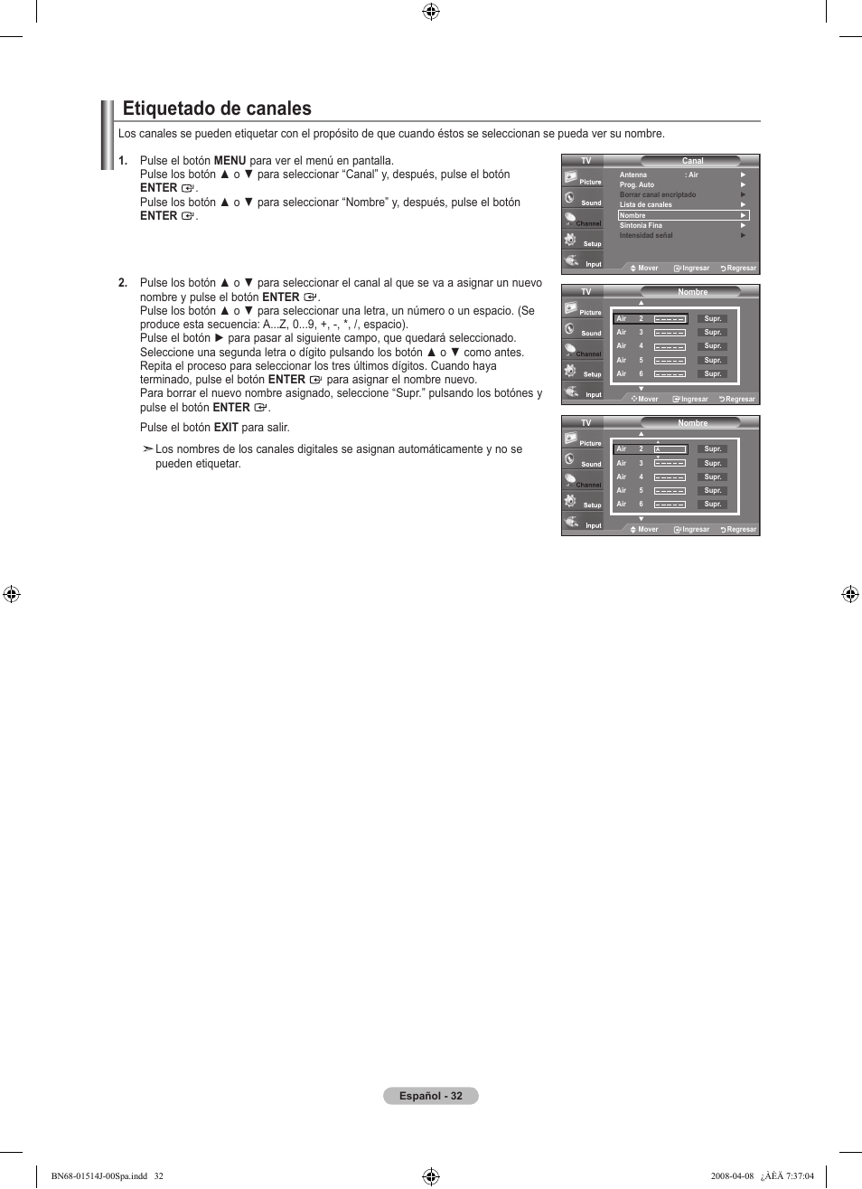 Etiquetado de canales | Samsung LN22A330J1DXZA User Manual | Page 92 / 117
