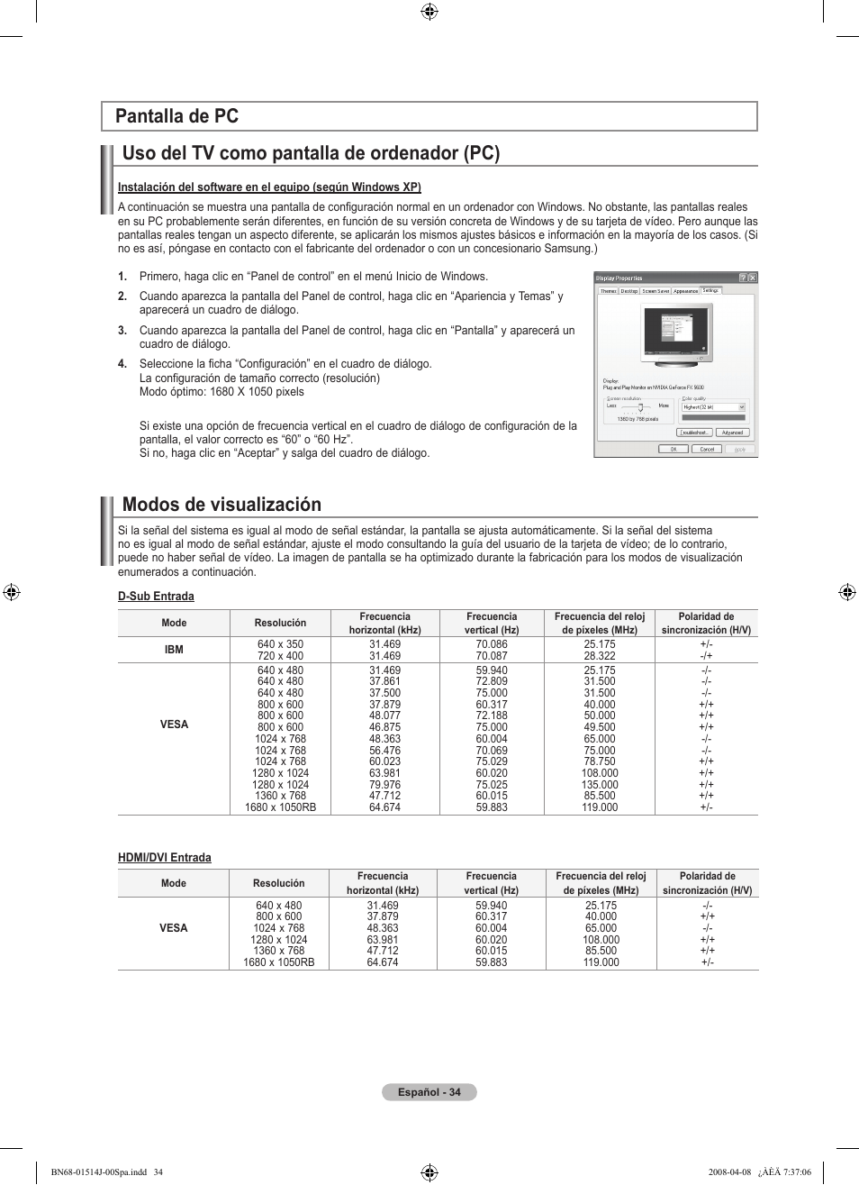Uso del tv como pantalla de ordenador (pc), Modos de visualización pantalla de pc | Samsung LN22A330J1DXZA User Manual | Page 94 / 117