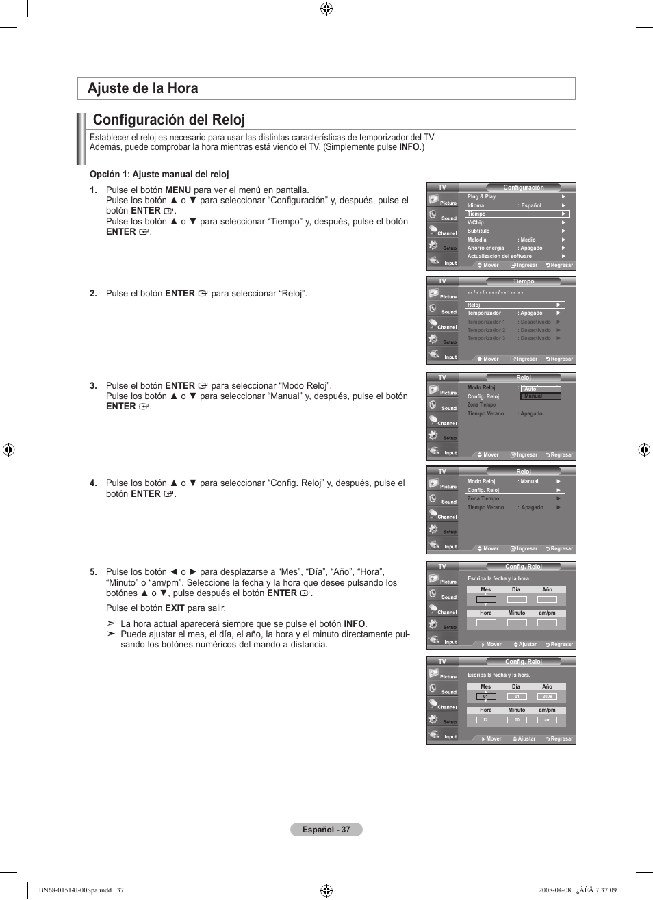 Configuración del reloj, Ajuste de la hora | Samsung LN22A330J1DXZA User Manual | Page 97 / 117