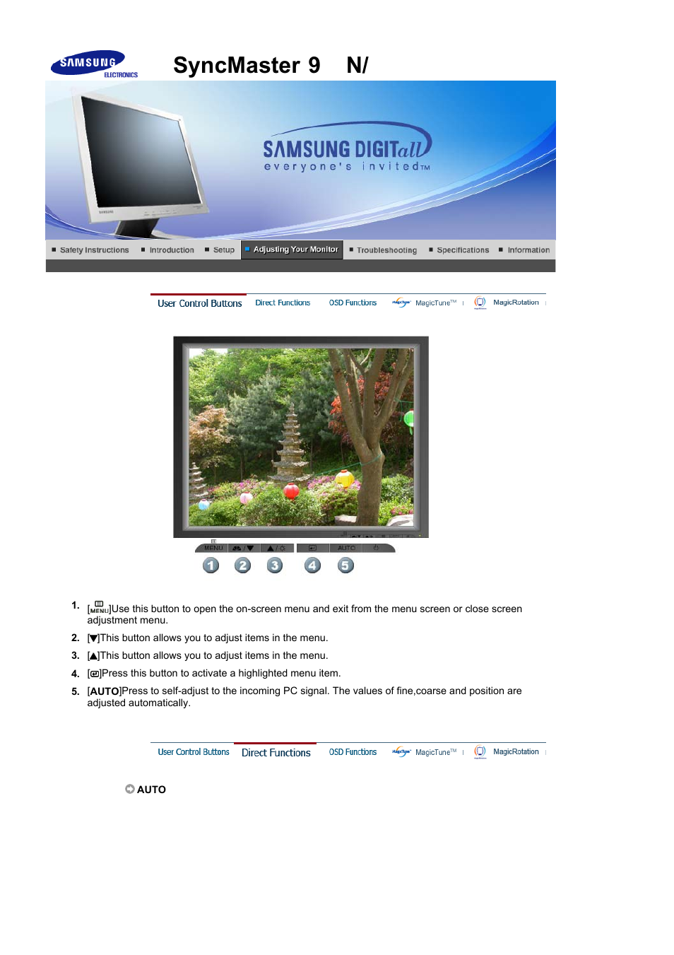 Adjusting your monitor, Syncmaster 911n/920nx/701n/901n, User controls buttons | Direct functions | Samsung LS17MJAKSZ-XAX User Manual | Page 22 / 78