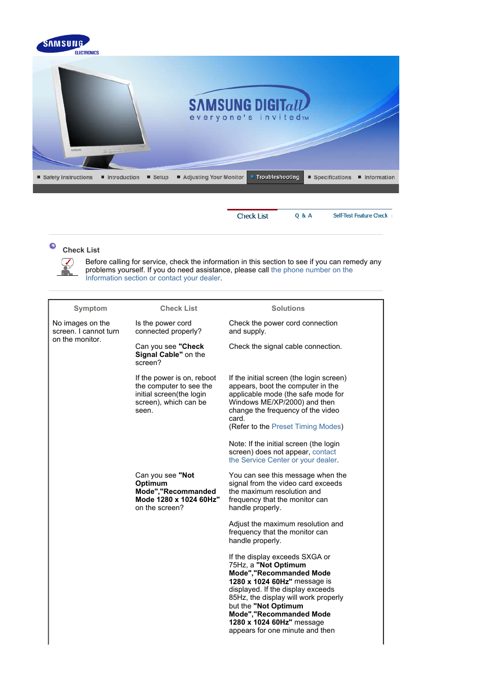 Troubleshooting, Check list | Samsung LS17MJAKSZ-XAX User Manual | Page 61 / 78
