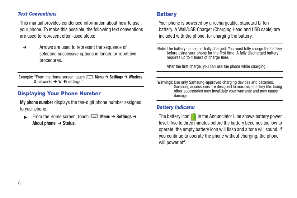 Text conventions, Displaying your phone number, Battery | Battery indicator, Displaying your phone number battery | Samsung SCH-I100ZKAUSC User Manual | Page 10 / 151