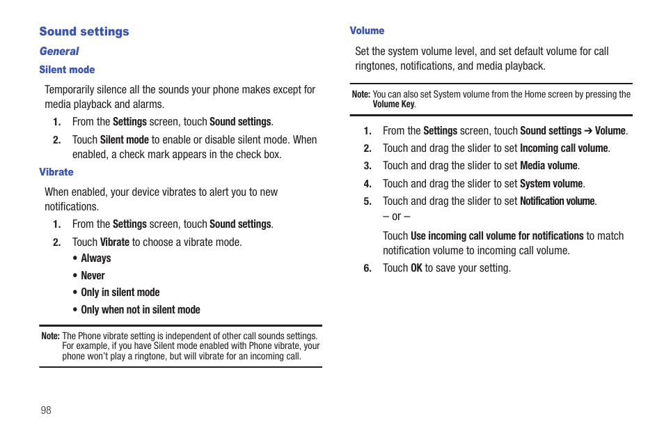 Sound settings, General, Silent mode | Vibrate, Volume | Samsung SCH-I100ZKAUSC User Manual | Page 102 / 151