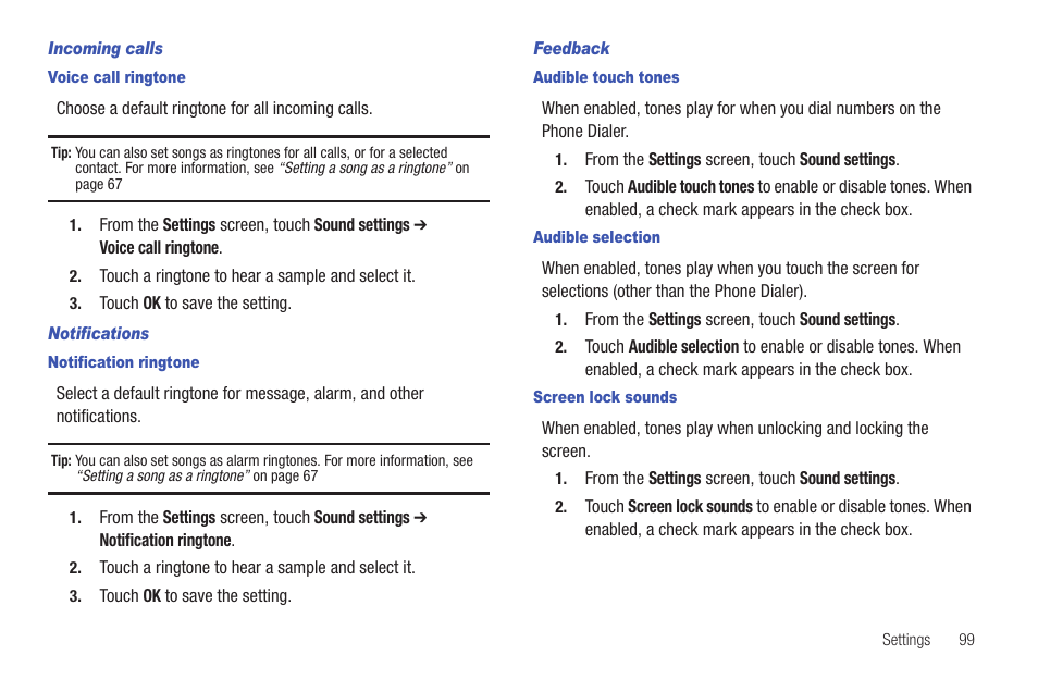 Incoming calls, Voice call ringtone, Notifications | Notification ringtone, Feedback, Audible touch tones, Audible selection, Screen lock sounds | Samsung SCH-I100ZKAUSC User Manual | Page 103 / 151