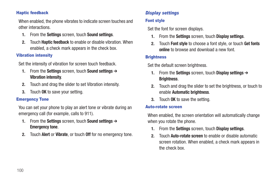 Haptic feedback, Vibration intensity, Emergency tone | Display settings, Font style, Brightness, Auto-rotate screen | Samsung SCH-I100ZKAUSC User Manual | Page 104 / 151