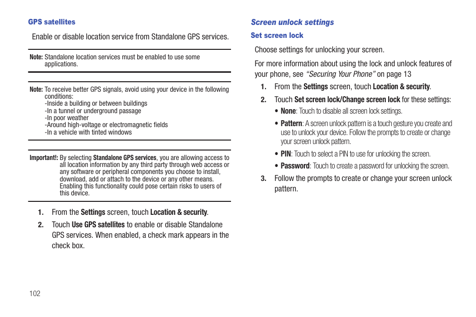 Gps satellites, Screen unlock settings, Set screen lock | Samsung SCH-I100ZKAUSC User Manual | Page 106 / 151