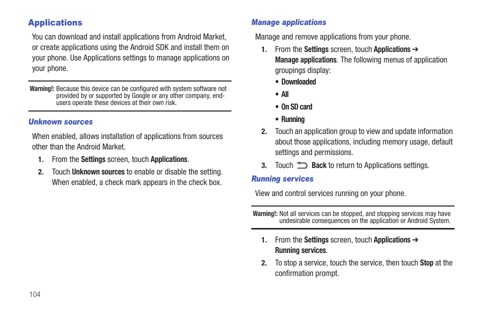 Applications, Unknown sources, Manage applications | Running services | Samsung SCH-I100ZKAUSC User Manual | Page 108 / 151