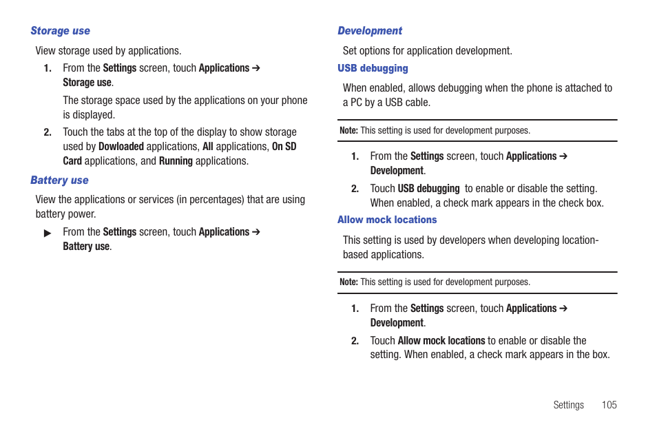 Storage use, Battery use, Development | Usb debugging, Allow mock locations | Samsung SCH-I100ZKAUSC User Manual | Page 109 / 151