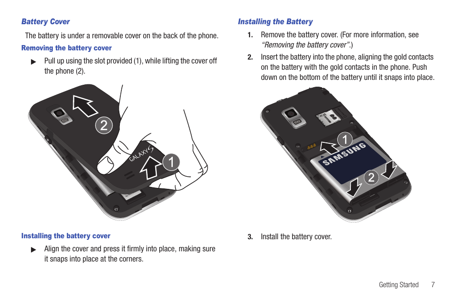 Battery cover, Removing the battery cover, Installing the battery cover | Installing the battery | Samsung SCH-I100ZKAUSC User Manual | Page 11 / 151