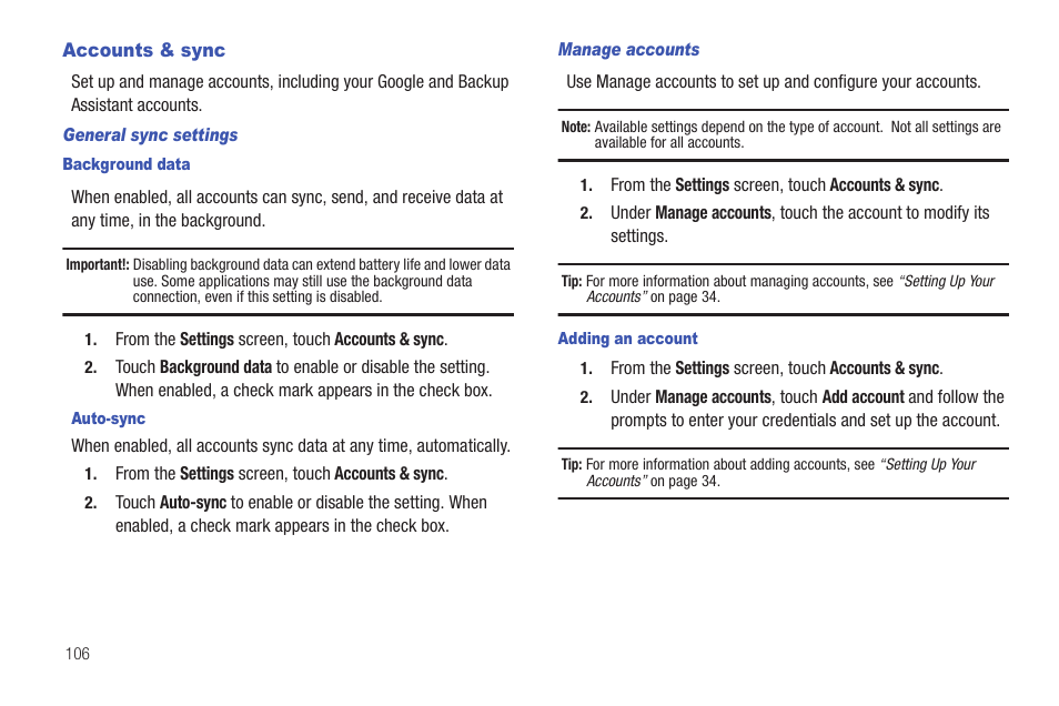 Accounts & sync, General sync settings, Background data | Manage accounts, Adding an account | Samsung SCH-I100ZKAUSC User Manual | Page 110 / 151