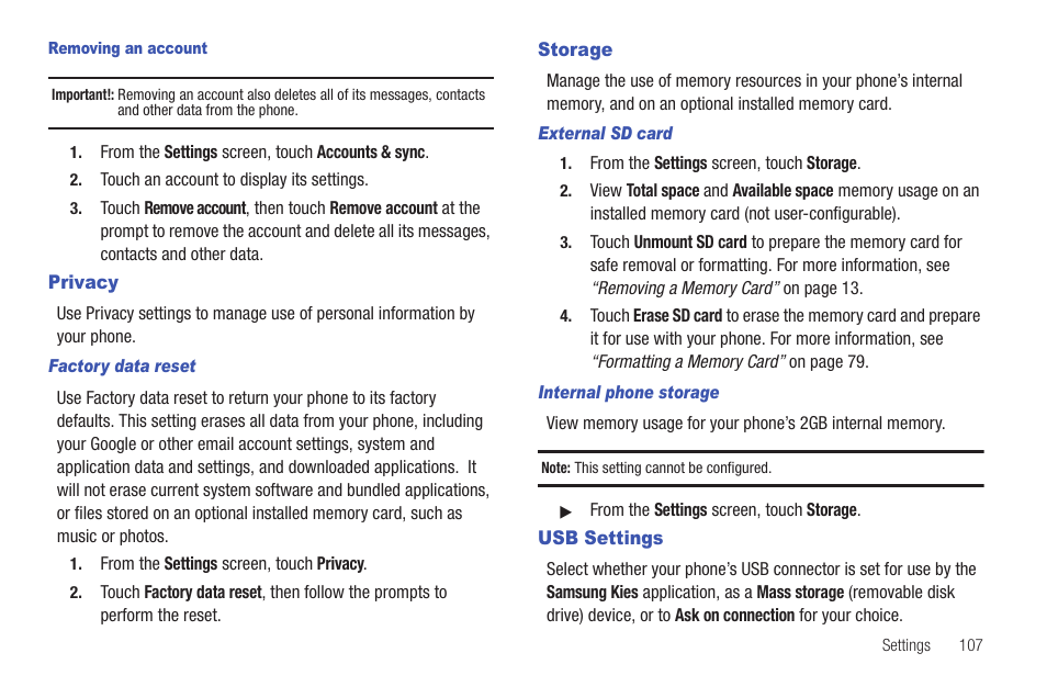 Removing an account, Privacy, Factory data reset | Storage, External sd card, Internal phone storage, Usb settings, Privacy storage usb settings | Samsung SCH-I100ZKAUSC User Manual | Page 111 / 151