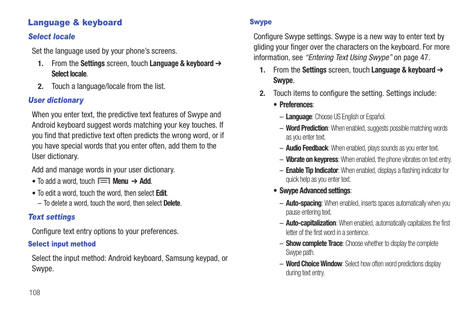 Language & keyboard, Select locale, User dictionary | Text settings, Select input method, Swype, Settings. (for | Samsung SCH-I100ZKAUSC User Manual | Page 112 / 151