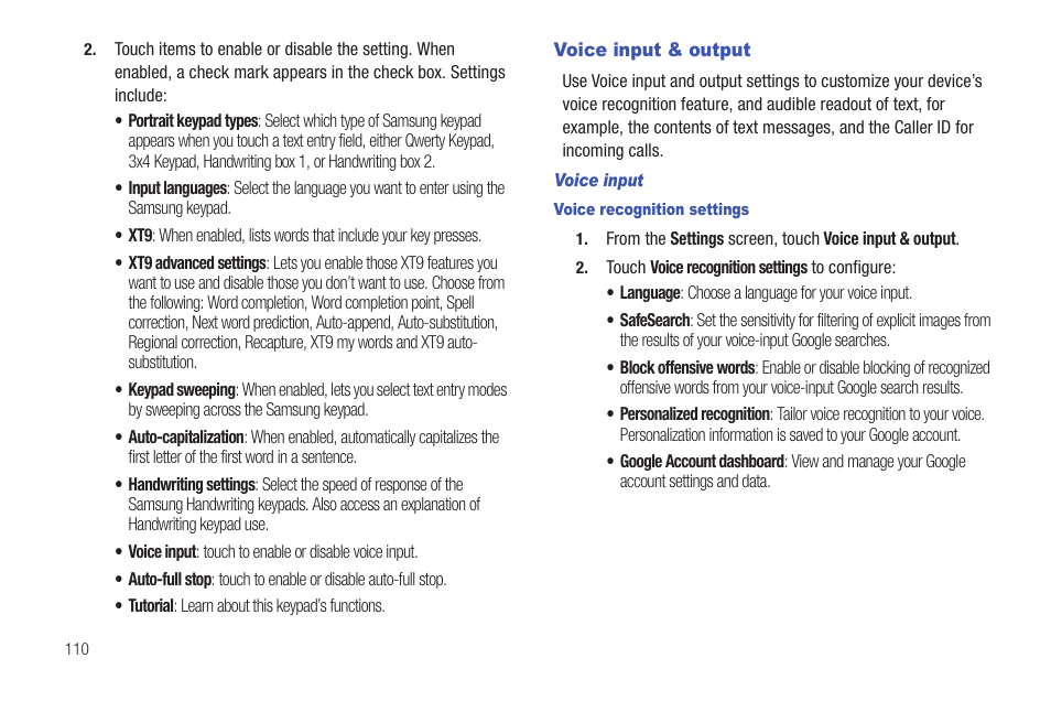 Voice input & output, Voice input, Voice recognition settings | Samsung SCH-I100ZKAUSC User Manual | Page 114 / 151