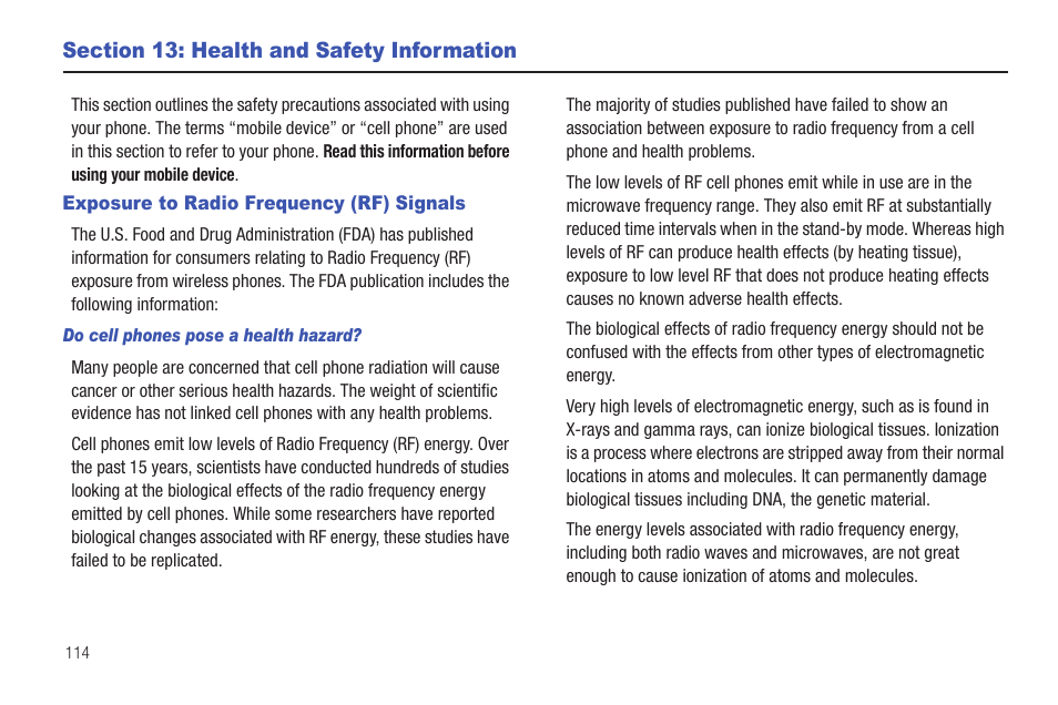 Section 13: health and safety information, Exposure to radio frequency (rf) signals, Do cell phones pose a health hazard | Samsung SCH-I100ZKAUSC User Manual | Page 118 / 151