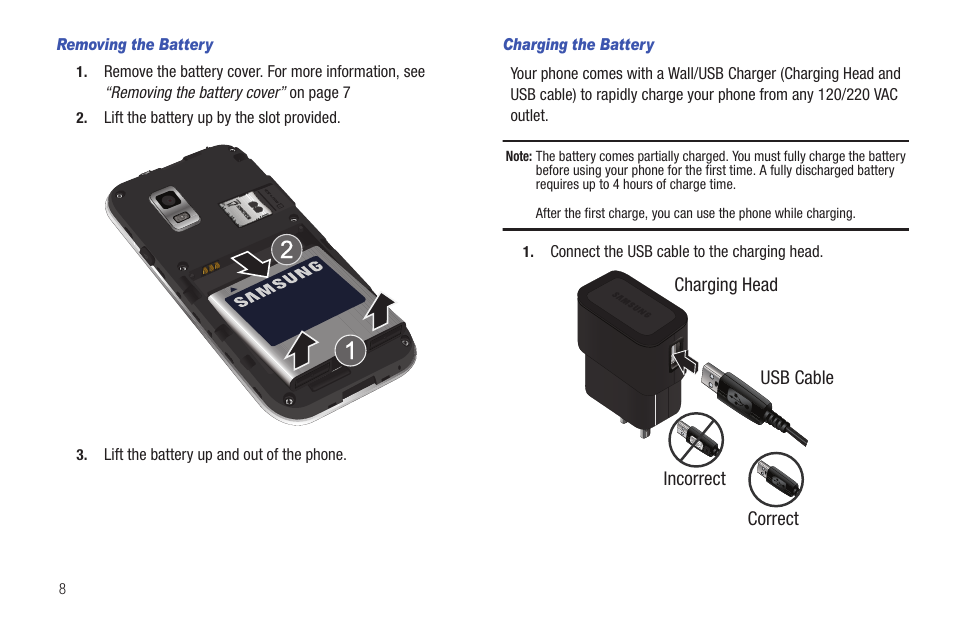 Removing the battery, Charging the battery | Samsung SCH-I100ZKAUSC User Manual | Page 12 / 151