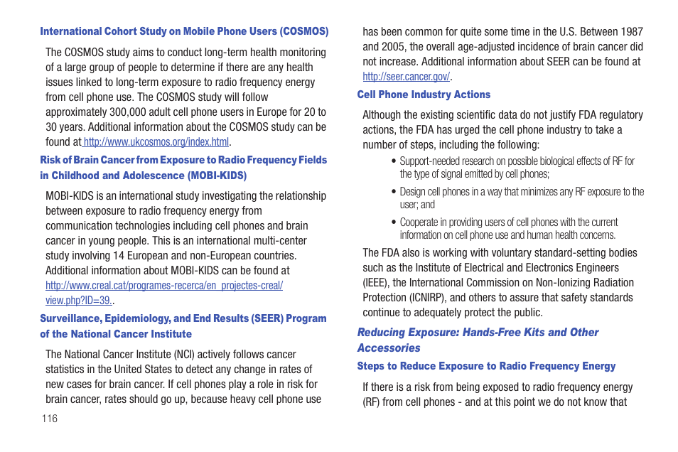 Cell phone industry actions, Steps to reduce exposure to radio frequency energy | Samsung SCH-I100ZKAUSC User Manual | Page 120 / 151