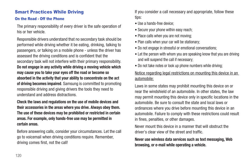 Smart practices while driving, On the road - off the phone | Samsung SCH-I100ZKAUSC User Manual | Page 124 / 151