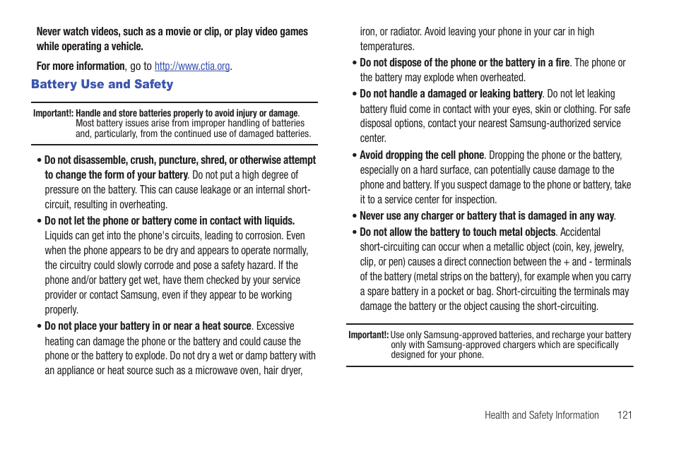 Battery use and safety | Samsung SCH-I100ZKAUSC User Manual | Page 125 / 151