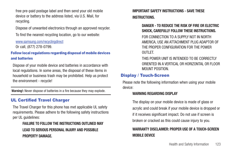 Ul certified travel charger, Display / touch-screen, Ul certified travel charger display / touch-screen | Samsung SCH-I100ZKAUSC User Manual | Page 127 / 151