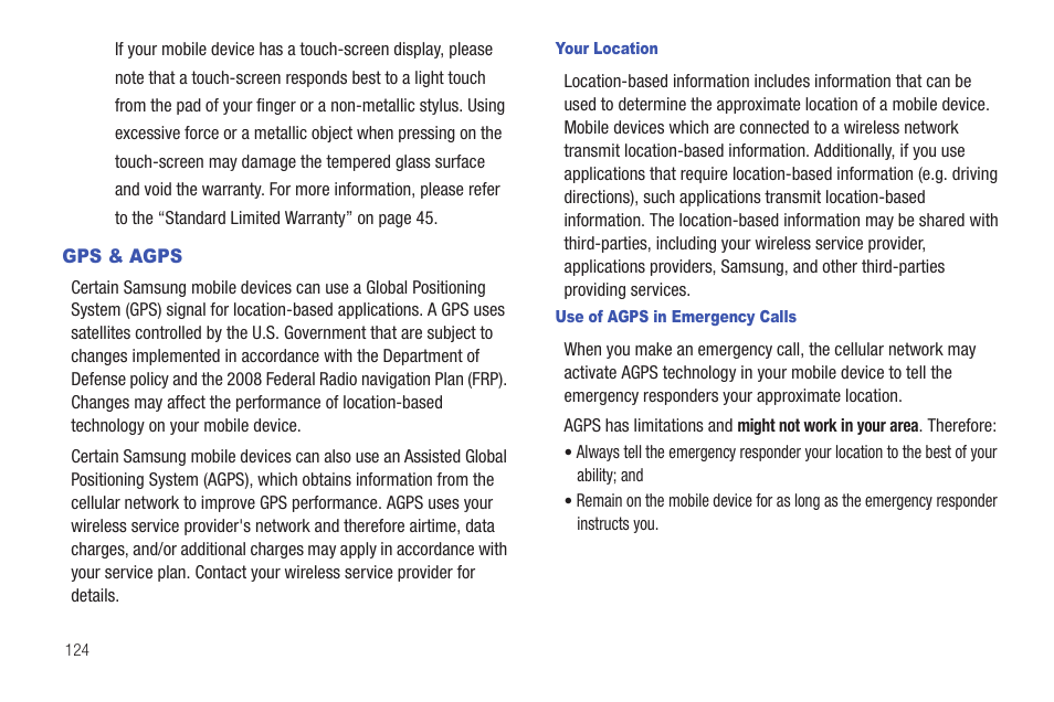 Gps & agps, Your location, Use of agps in emergency calls | Samsung SCH-I100ZKAUSC User Manual | Page 128 / 151