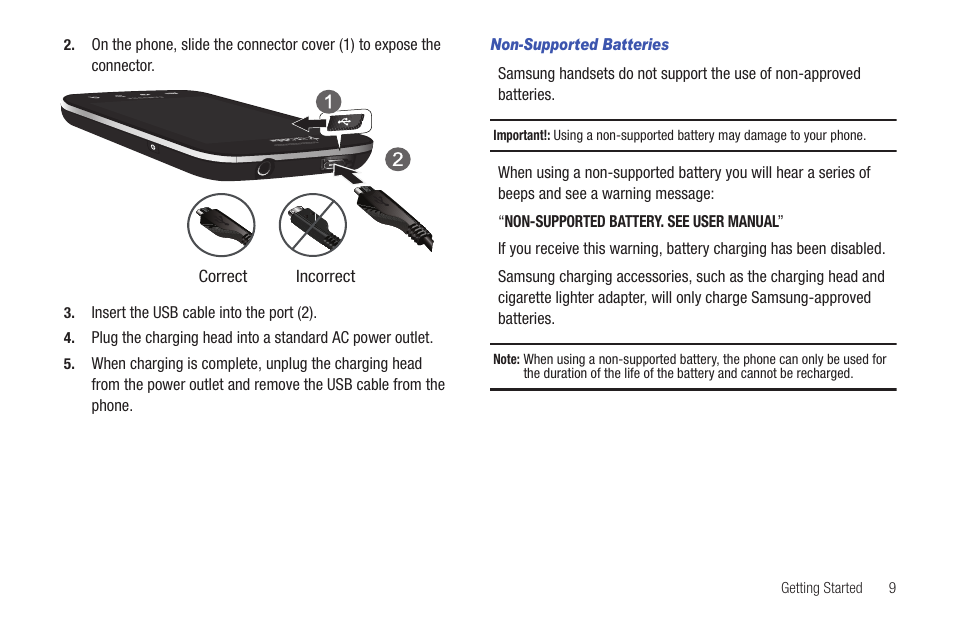 Non-supported batteries | Samsung SCH-I100ZKAUSC User Manual | Page 13 / 151