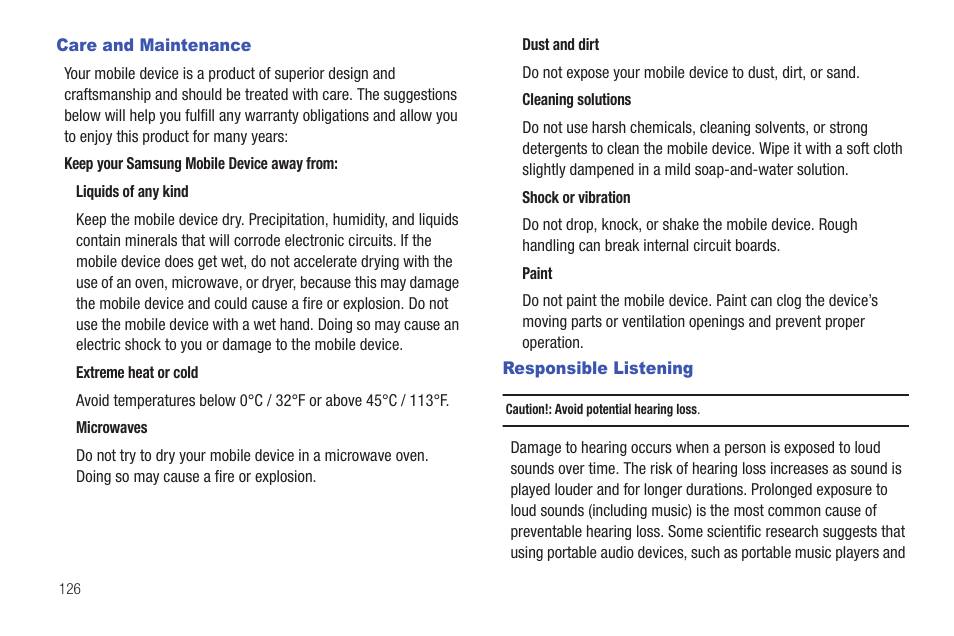 Care and maintenance, Responsible listening, Care and maintenance responsible listening | Samsung SCH-I100ZKAUSC User Manual | Page 130 / 151