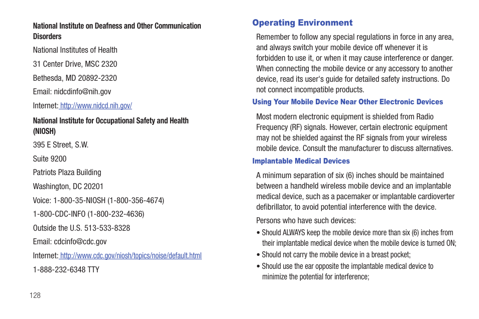 Operating environment, Implantable medical devices | Samsung SCH-I100ZKAUSC User Manual | Page 132 / 151