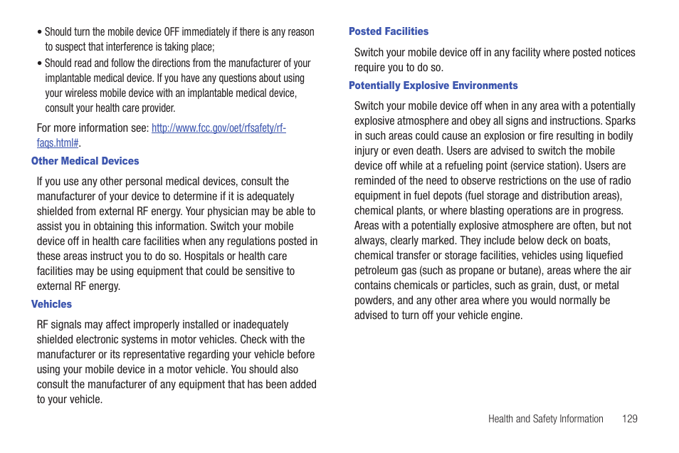 Other medical devices, Vehicles, Posted facilities | Potentially explosive environments | Samsung SCH-I100ZKAUSC User Manual | Page 133 / 151