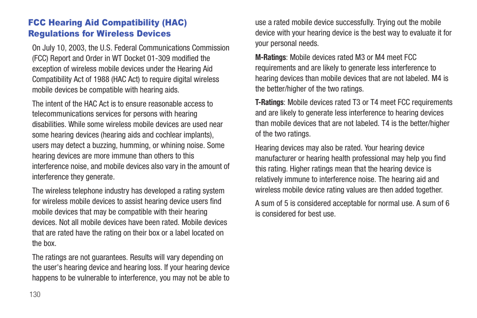 Fcc hearing aid compatibility (hac) regulations, For wireless devices | Samsung SCH-I100ZKAUSC User Manual | Page 134 / 151