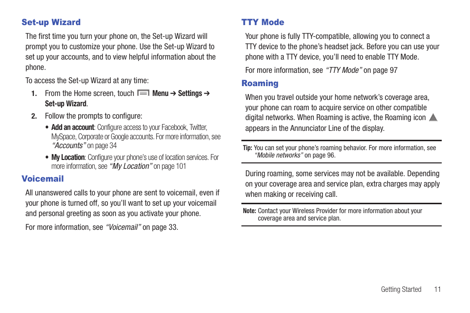 Set-up wizard, Voicemail, Tty mode | Roaming, Set-up wizard voicemail tty mode roaming | Samsung SCH-I100ZKAUSC User Manual | Page 15 / 151