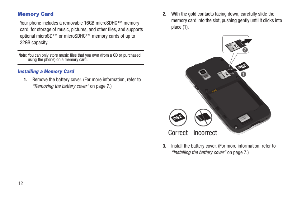 Memory card, Installing a memory card, Correct incorrect | Samsung SCH-I100ZKAUSC User Manual | Page 16 / 151