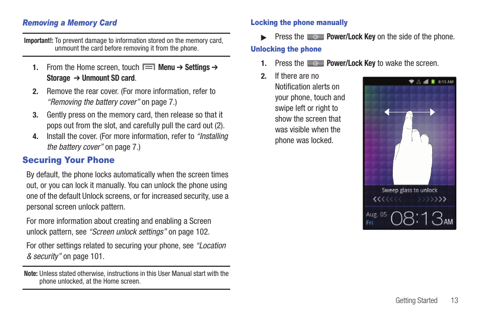 Removing a memory card, Securing your phone, Locking the phone manually | Unlocking the phone | Samsung SCH-I100ZKAUSC User Manual | Page 17 / 151