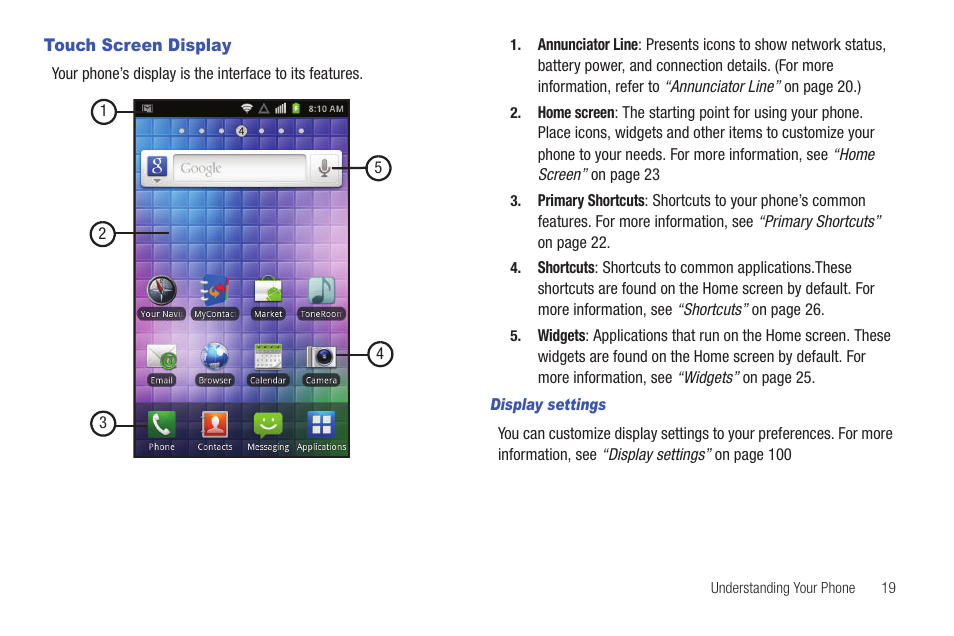 Touch screen display, Display settings | Samsung SCH-I100ZKAUSC User Manual | Page 23 / 151