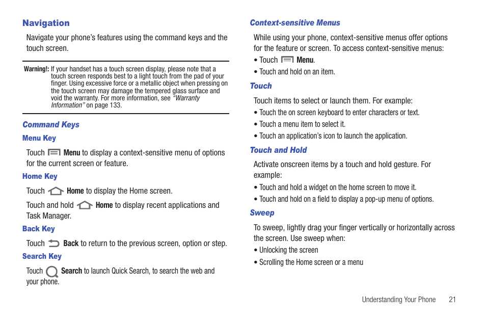 Navigation, Command keys, Menu key | Home key, Back key, Search key, Context-sensitive menus, Touch, Touch and hold, Sweep | Samsung SCH-I100ZKAUSC User Manual | Page 25 / 151