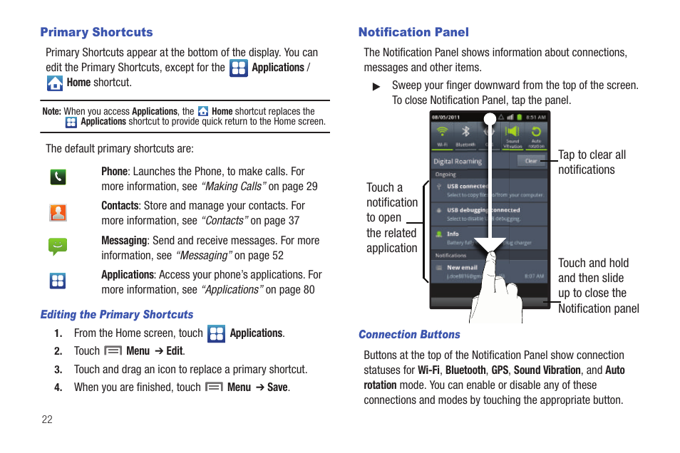 Primary shortcuts, Editing the primary shortcuts, Notification panel | Connection buttons, Primary shortcuts notification panel | Samsung SCH-I100ZKAUSC User Manual | Page 26 / 151