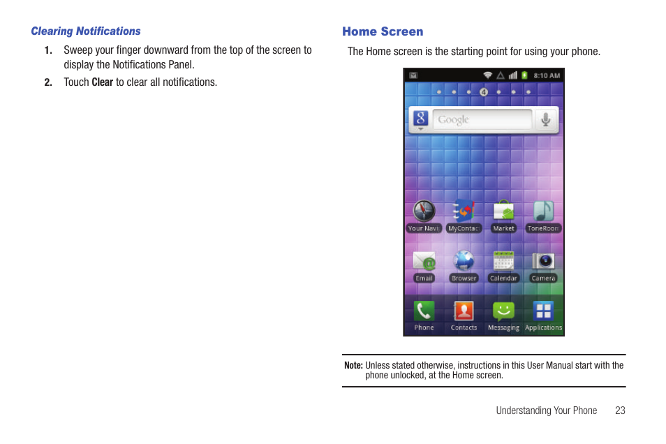 Clearing notifications, Home screen | Samsung SCH-I100ZKAUSC User Manual | Page 27 / 151