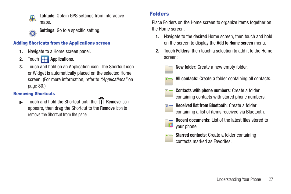 Adding shortcuts from the applications screen, Removing shortcuts, Folders | Samsung SCH-I100ZKAUSC User Manual | Page 31 / 151